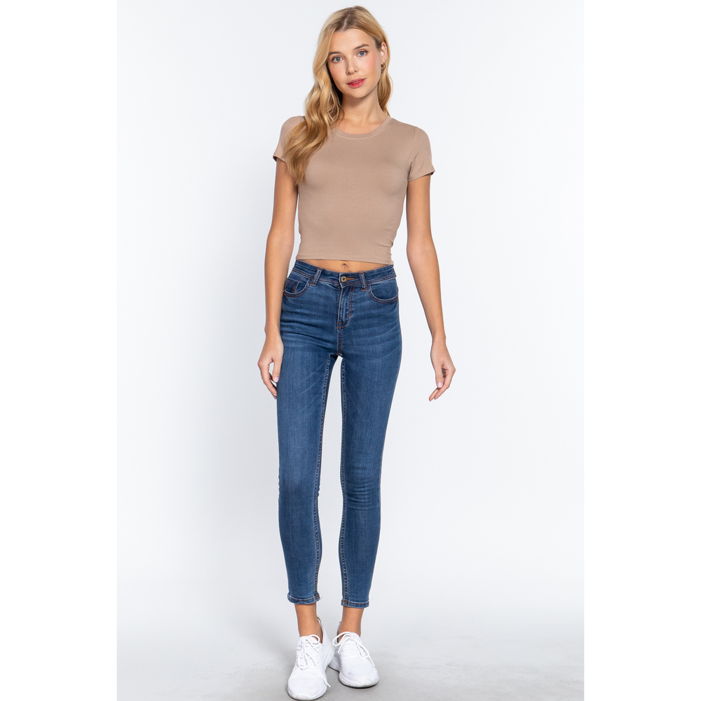 Short Slv Crew Neck Rib Crop Top - Picture 2 of 7